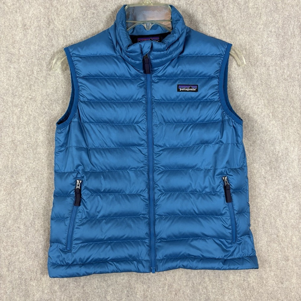 Patagonia Kids Down Sweater Vest M 10 Blue Puffer Recycled Down Youth Read